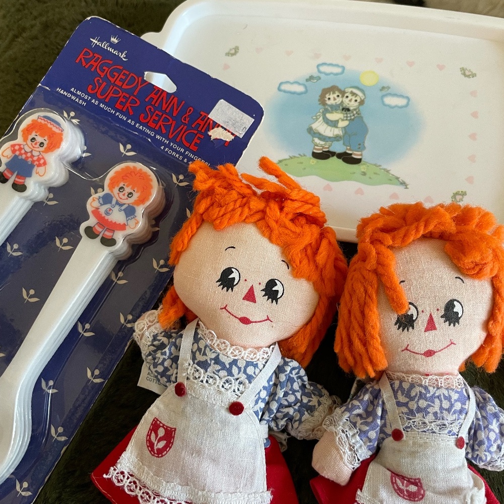 VTG KNICKERBOCKER RAGGEDY ANN DOLLS AND SPOON/FORK BUNDLE